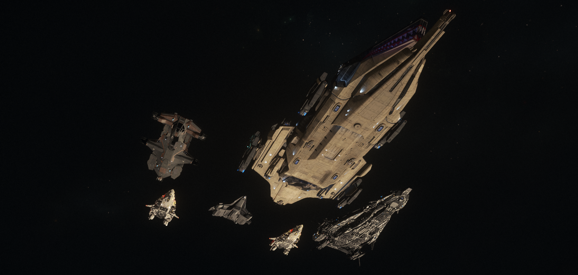A fleet of futuristic spacecraft in space, with varying sizes and designs, flying against a dark starry background.