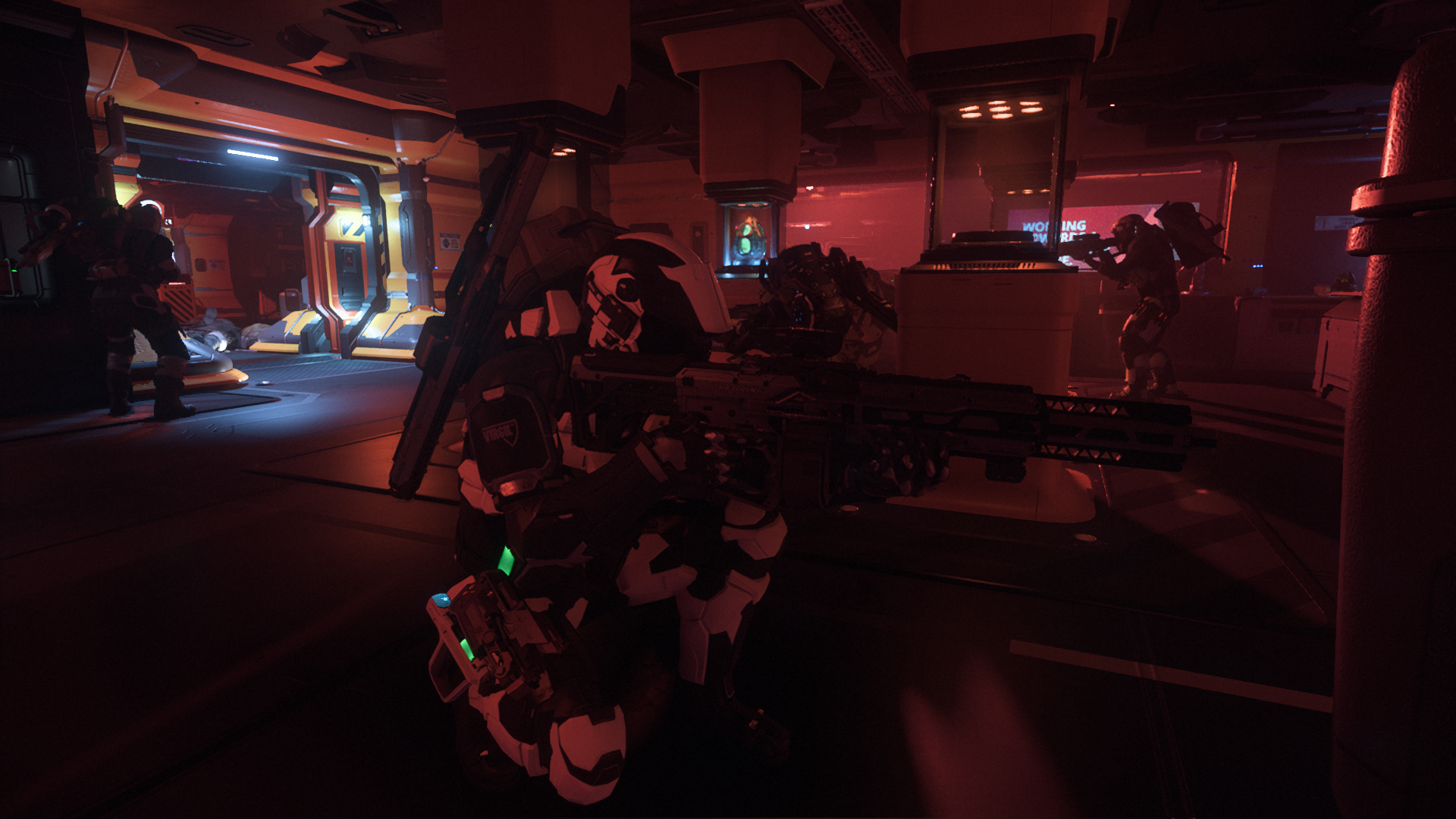 Two soldiers in futuristic armor aiming rifles inside a dimly lit sci-fi gaming or military training facility with high-tech equipment and neon lighting.