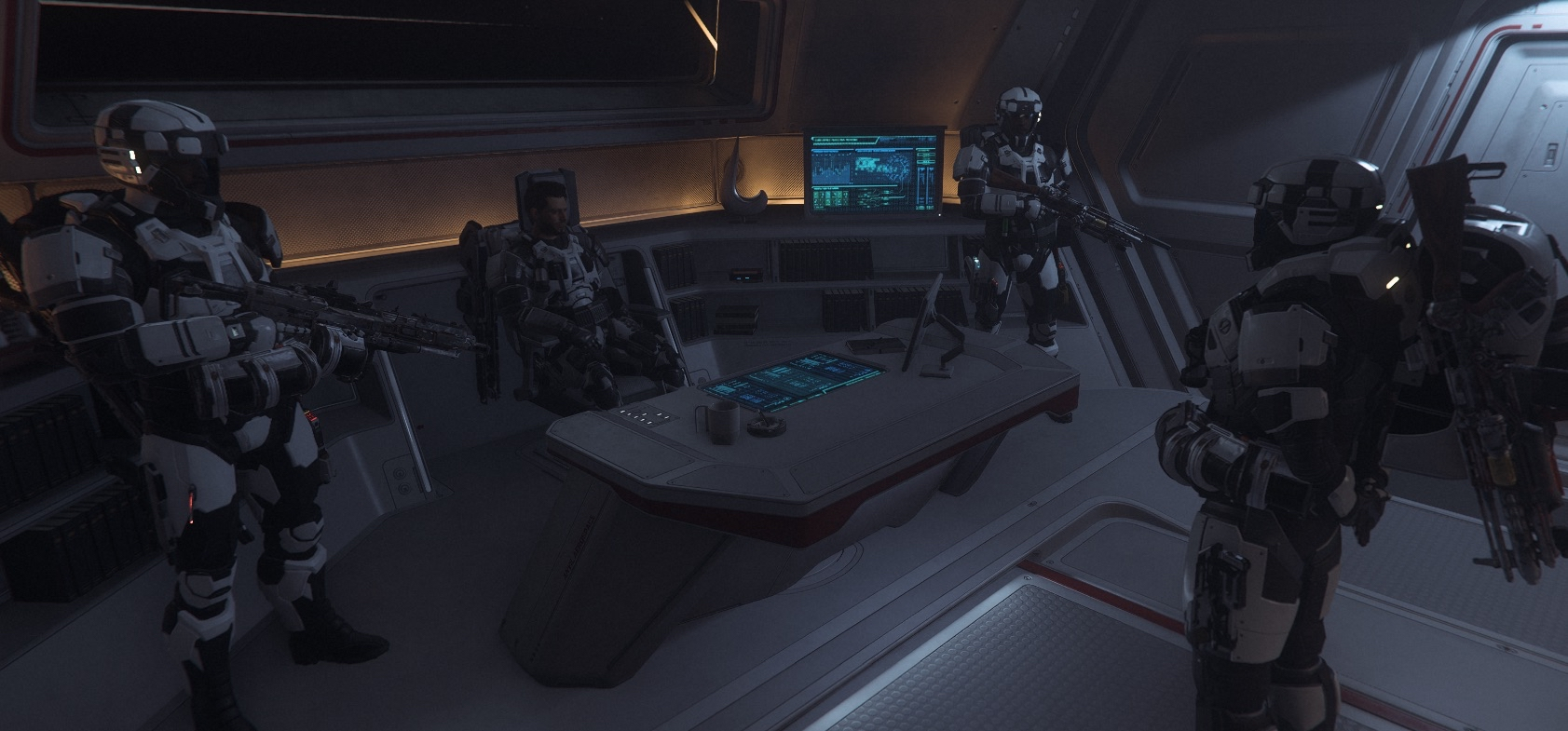 Four armored soldiers with futuristic rifles inside a dimly lit spaceship or space station command room, with computer screens and consoles on a central desk.