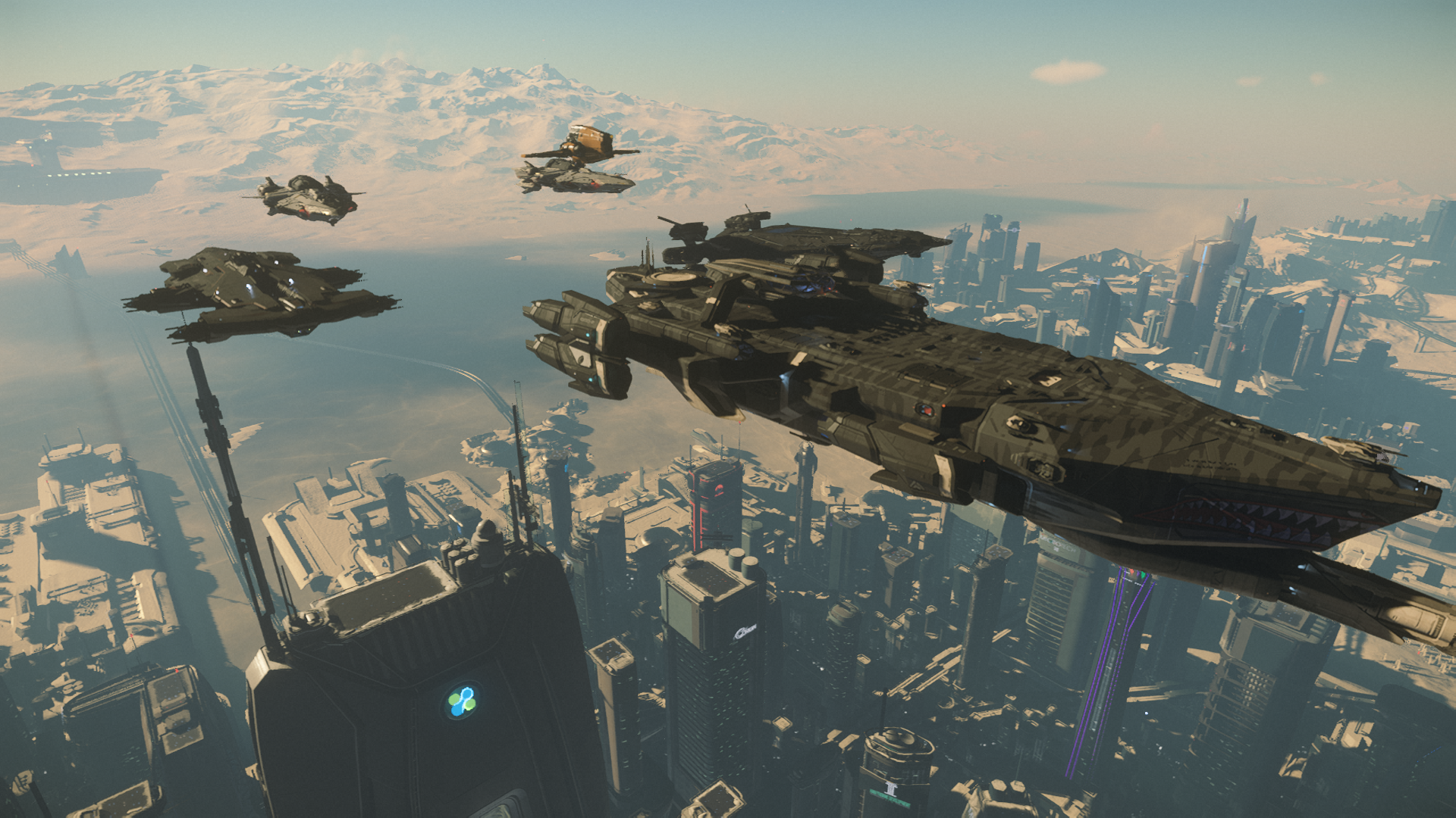 A fleet of futuristic military spacecraft flying over a cityscape with tall skyscrapers and a snow-capped mountain in the background.