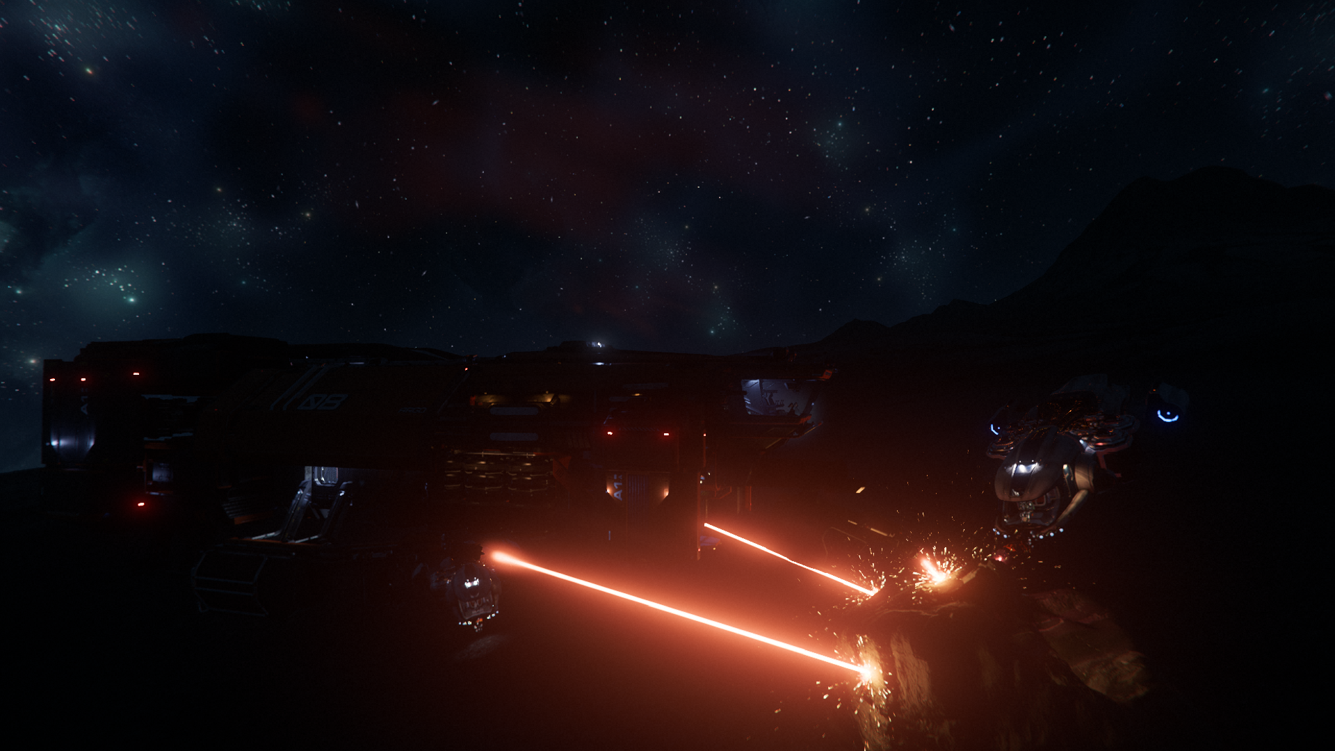 A futuristic spacecraft on an alien planet fires bright laser beams at a robotic creature, under a starry night sky with distant mountains.