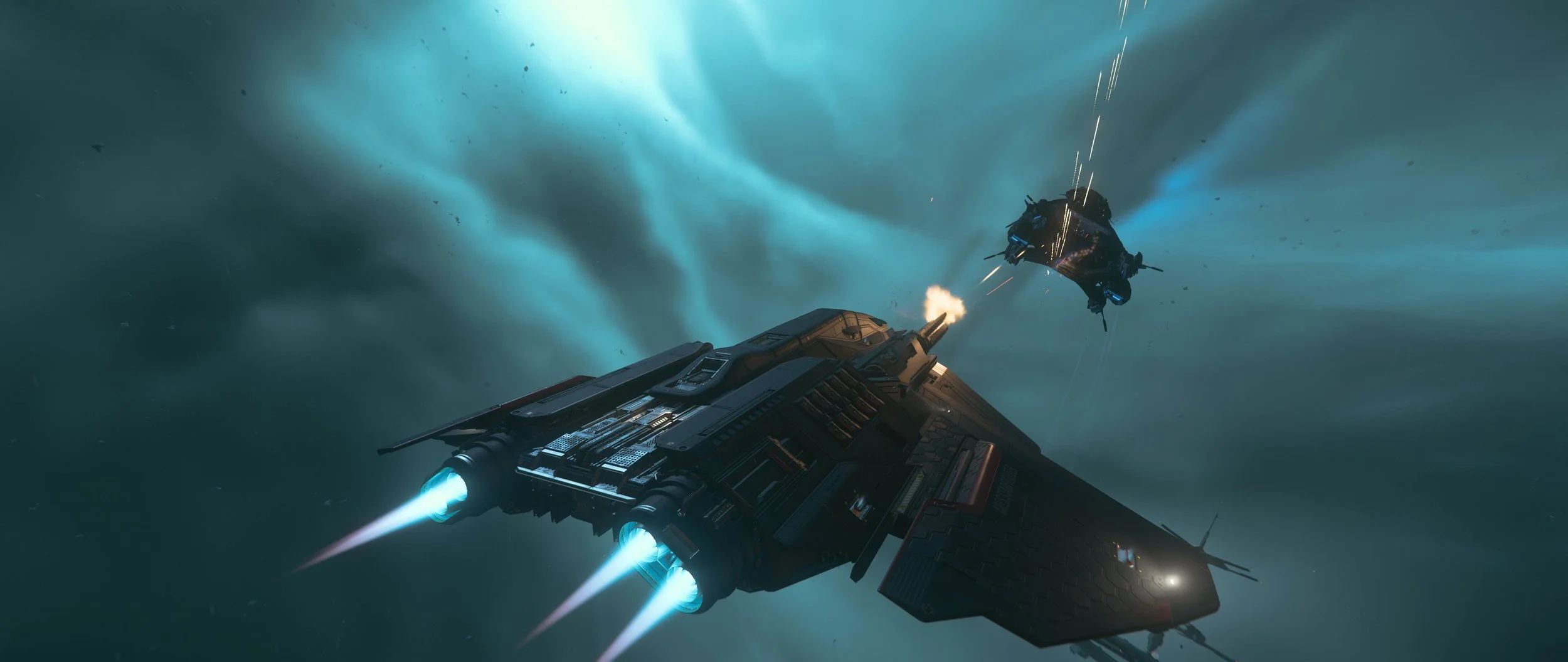 A spaceship firing missiles at an enemy craft in outer space with swirling blue and green nebulae in the background.