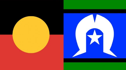 Flag with three horizontal sections: black, red, and yellow with a large yellow circle in the yellow section, and a blue square with a white star and stylized white shield with a blue star inside in the upper right section, with green horizontal stripes at the top and bottom.