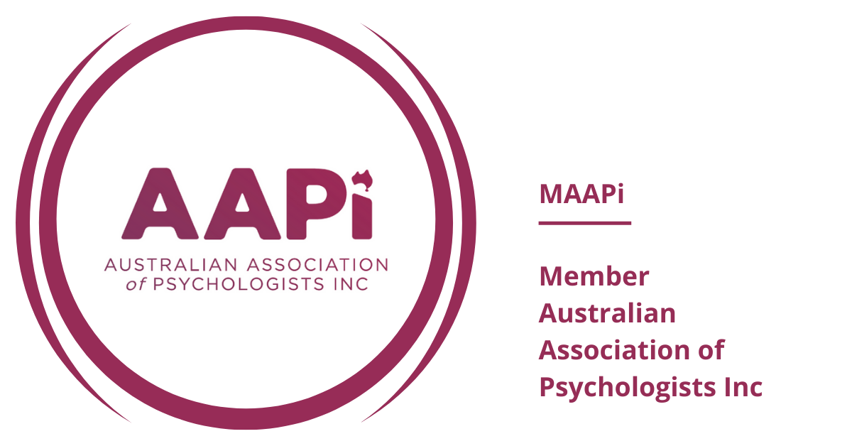 Logo for Australian Association of Psychologists Inc (AAPI), featuring large maroon circles and the abbreviation AAPI with the full name written to the right.