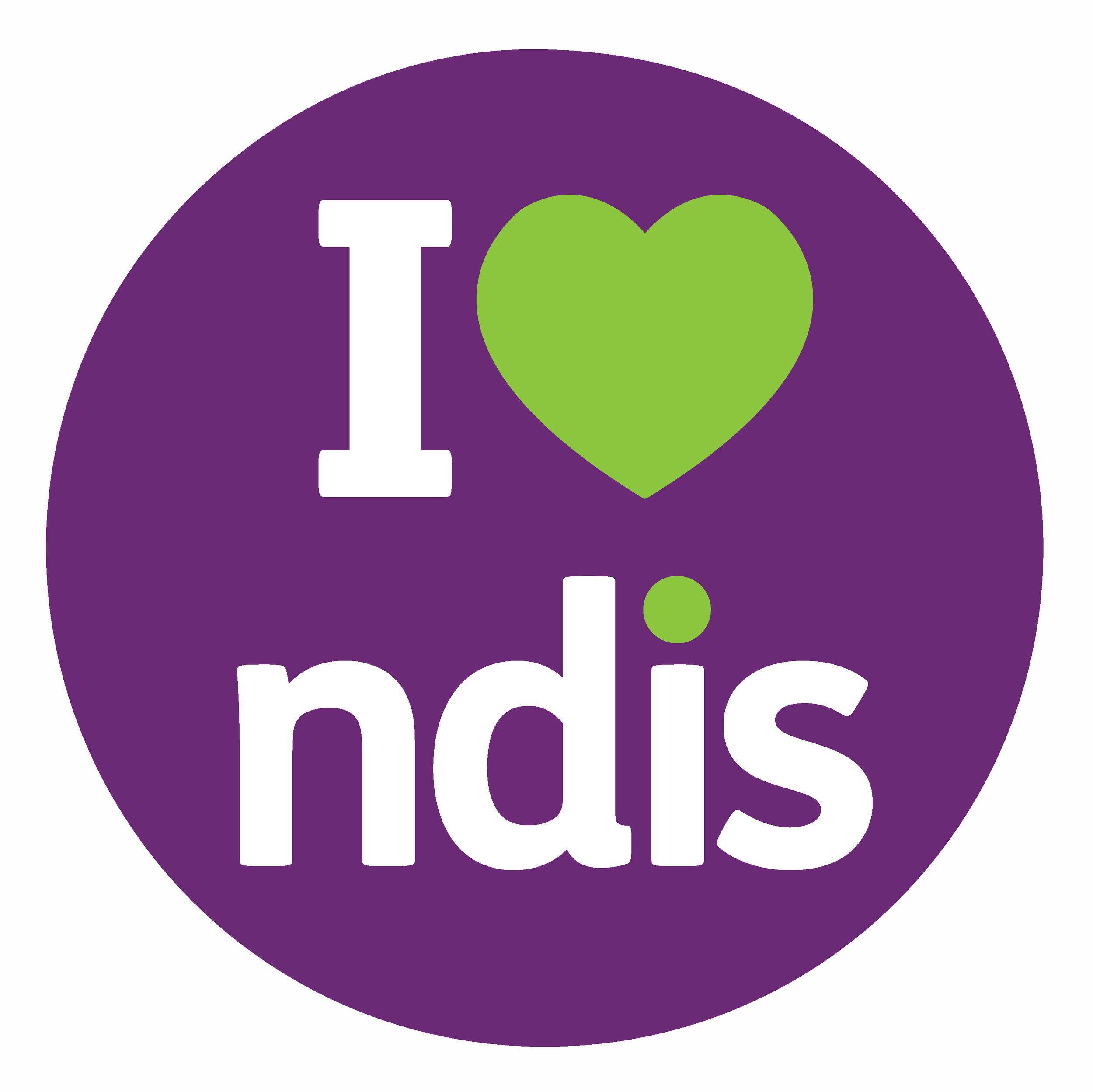 A purple circular badge with the white text 'I' and 'ndis'. The letter 'O' is replaced by a green heart shape, and the dot on the letter 'i' is also green.