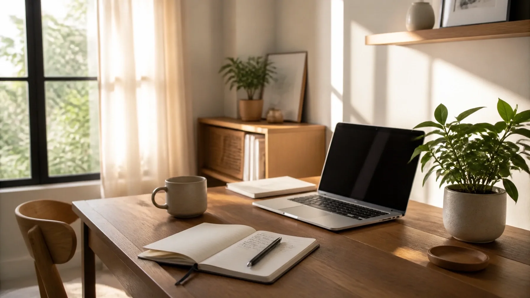 "Modern sunlit home office for productive ADHD work environment with natural light and wooden desk."
