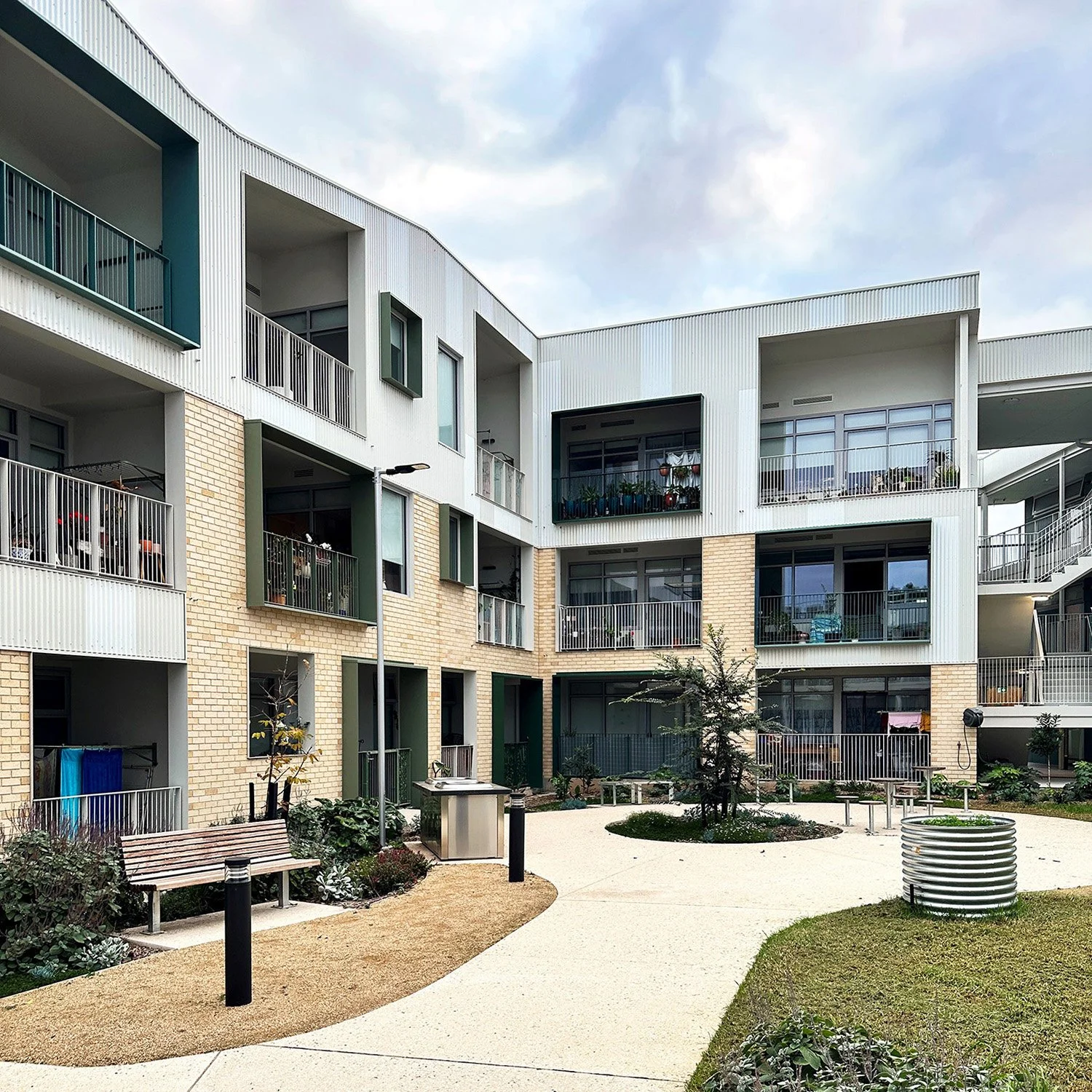 View of apartments from within a central courtyard.