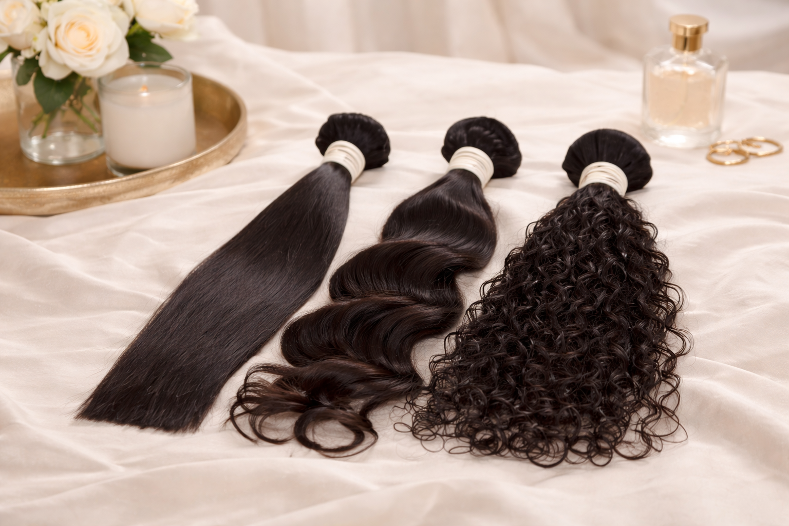 Three bundles of human hair extensions, one straight and two curly, laid on a beige satin surface with a tray of white roses, a candle, a perfume bottle, and gold jewelry in the background.