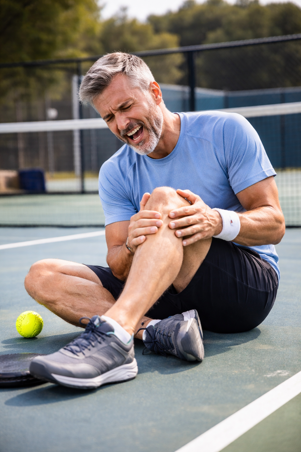 An older man sitting on a tennis court, clutching his knee in pain with a pained expression, wearing athletic clothes and sneakers.