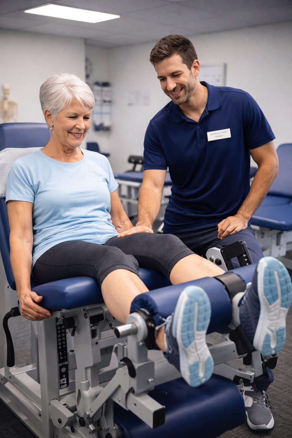 A senior woman with short white hair sitting on a medical examination table while a healthcare professional, wearing a navy polo shirt and a name tag, assists her with a leg exercise device. The woman appears happy and engaged during the physical therapy session in a clinical setting.