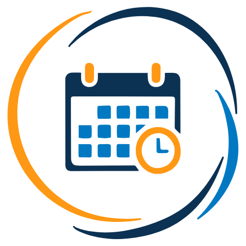 Calendar with a clock icon indicating scheduling or time management.