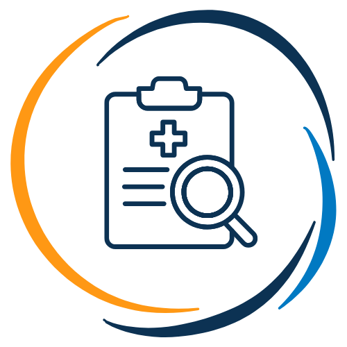 Medical clipboard with a magnifying glass and a cross symbol inside a circle with orange and blue accents.