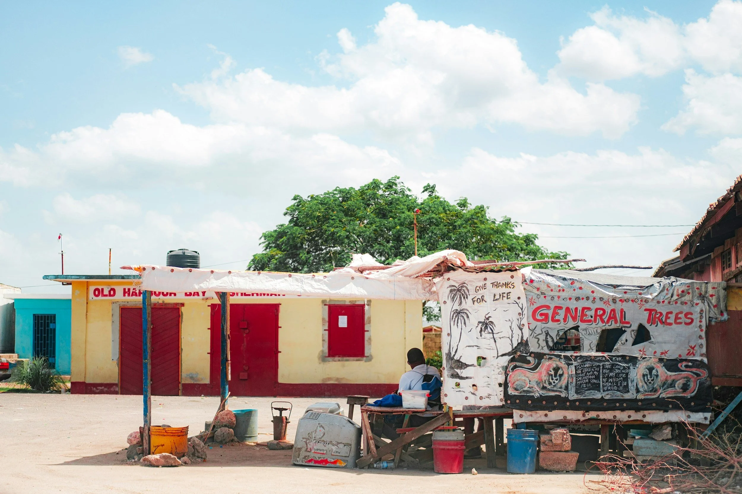 A small, makeshift shop with a person sitting on a bench in front. The shop has signs that read 'OLD HAI' and 'GENERAL TREES,' with colorful paint and handwritten notes. There are buckets, a cooler, and various items around, with a large tree and cloudy sky in the background.