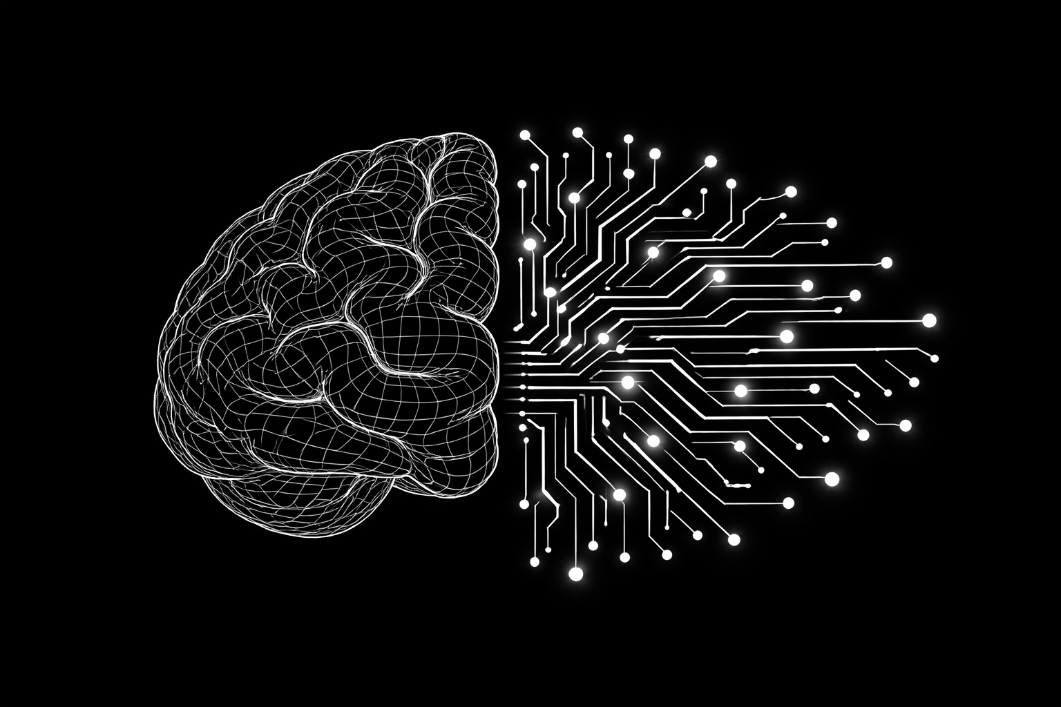 A digital illustration of a brain with one half depicted as a wireframe and the other half as interconnected circuitry, symbolizing artificial intelligence.