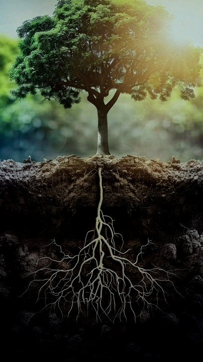 A tree with green foliage and a sturdy trunk growing above ground, with roots extending underground in soil, illuminated by sunlight, showing functional health, the whole body taking nourishment from the roots.