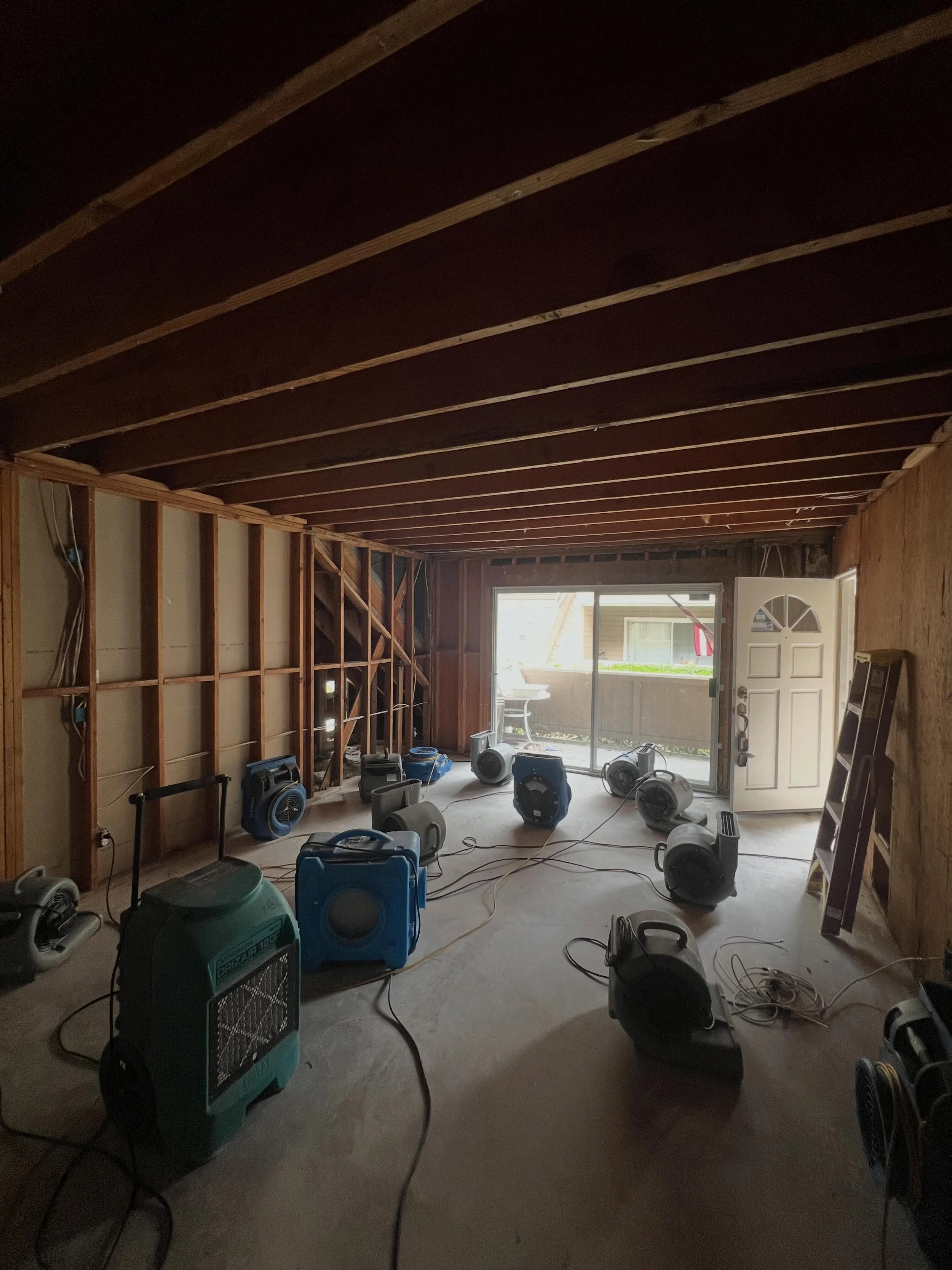 Dry down is officially complete on this major water damage project in Stanton. After extensive demolition, structural drying, HEPA vacuuming, and antimicrobial treatment, all affected materials and framing have reached dry standards.

The property is