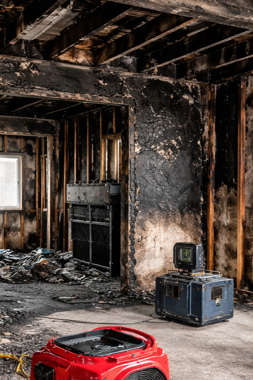 Interior of a house heavily damaged by fire, with blackened walls and burned debris on the floor, and restoration equipment present.