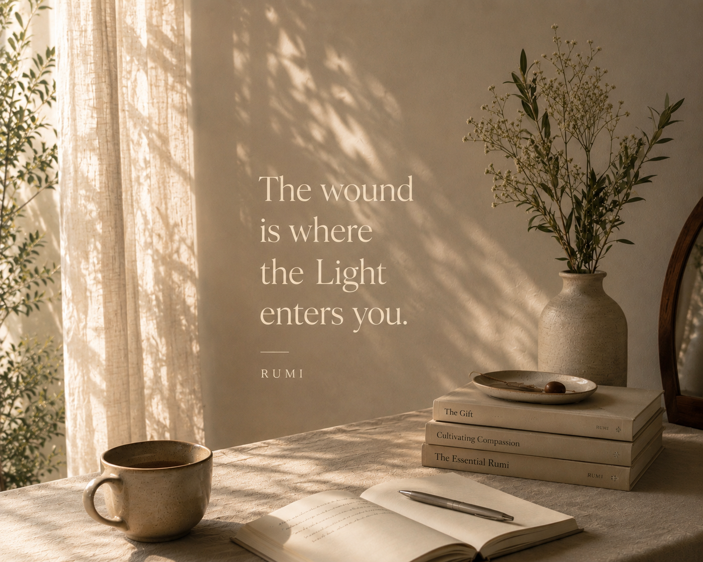 A cozy, sunlit room with a beige tablecloth, an open book with a pen, a ceramic mug, a stack of three books, a ceramic plate with a small object, and a vase with plants. Light creates shadows on the wall and curtain. The quote on the wall reads, 'The wound is where the Light enters you.' — Rumi.