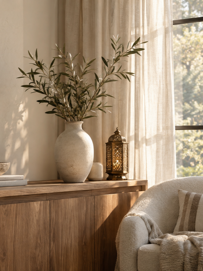 Living room with a wooden sideboard, large vase with green leafy branches, decorative lantern, beige curtains, and a beige armchair with a striped pillow, sunlight streaming through a window. Islamic Psychology.