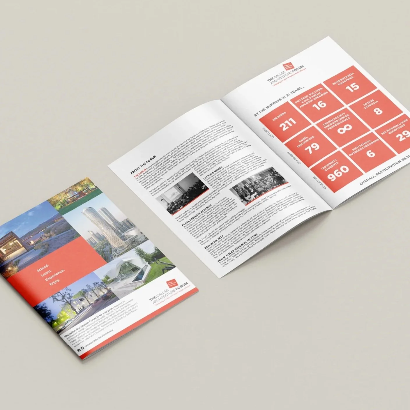 Open brochure for the Dallas Architecture Forum with images of buildings and statistics on the right page.