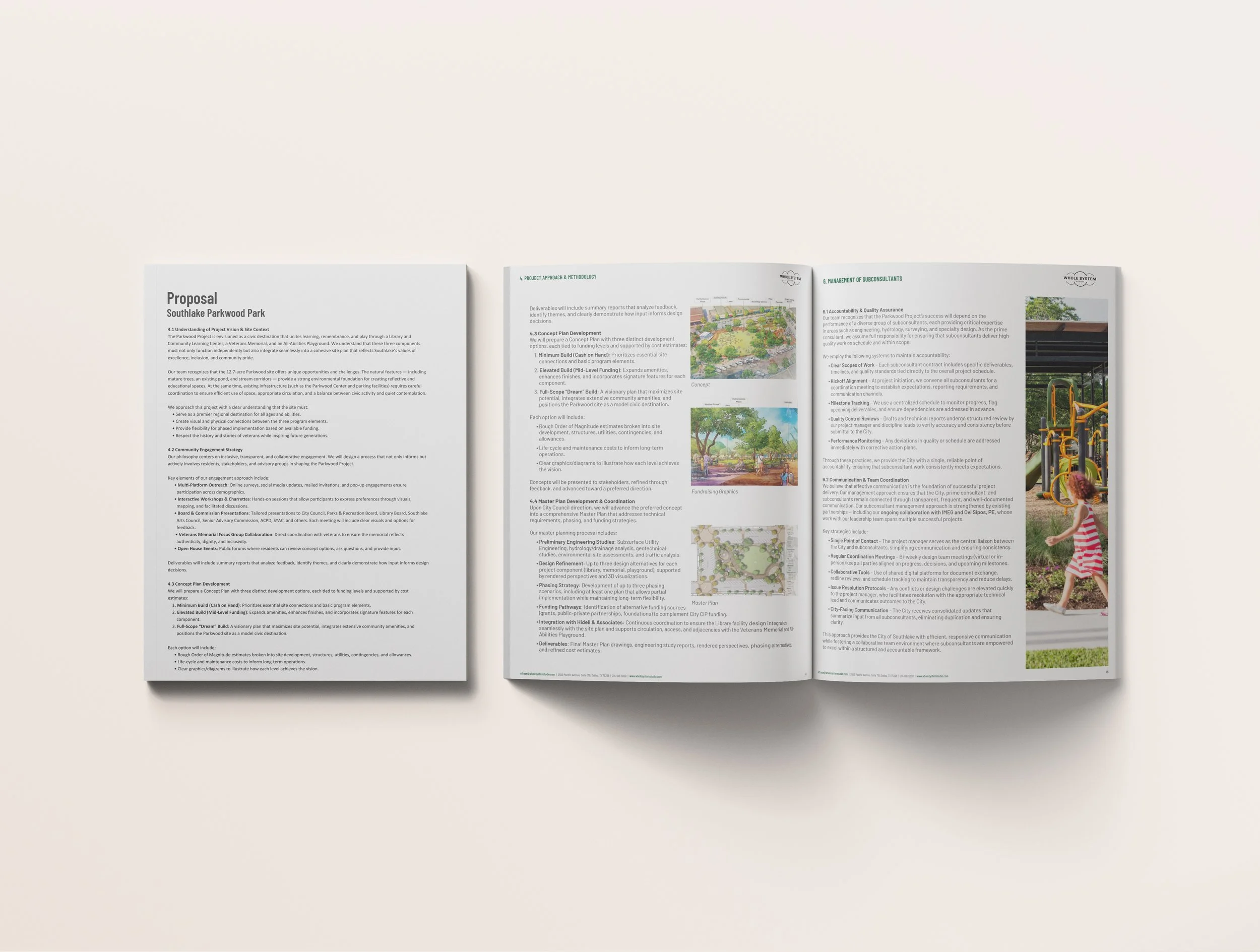 Open brochure or report detailing Southlake Park in a minimal, professional layout with text, diagrams, and images, including a photo of a girl playing on outdoor fitness equipment.