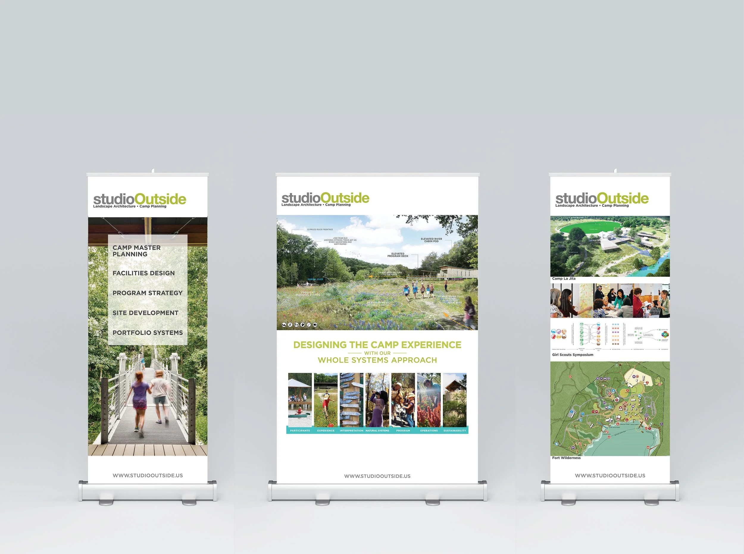 Three vertical banners displaying landscape architecture and camp planning projects, with images of natural landscapes, people at a camp, and maps.
