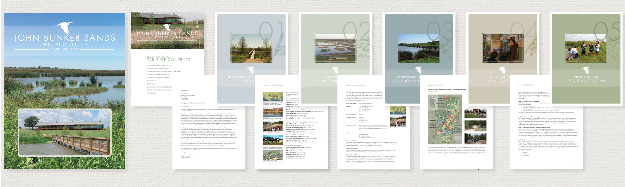 Brochure for John Bunker Sands Wetland Center showing pictures of wetlands, a building, and outdoor activities.