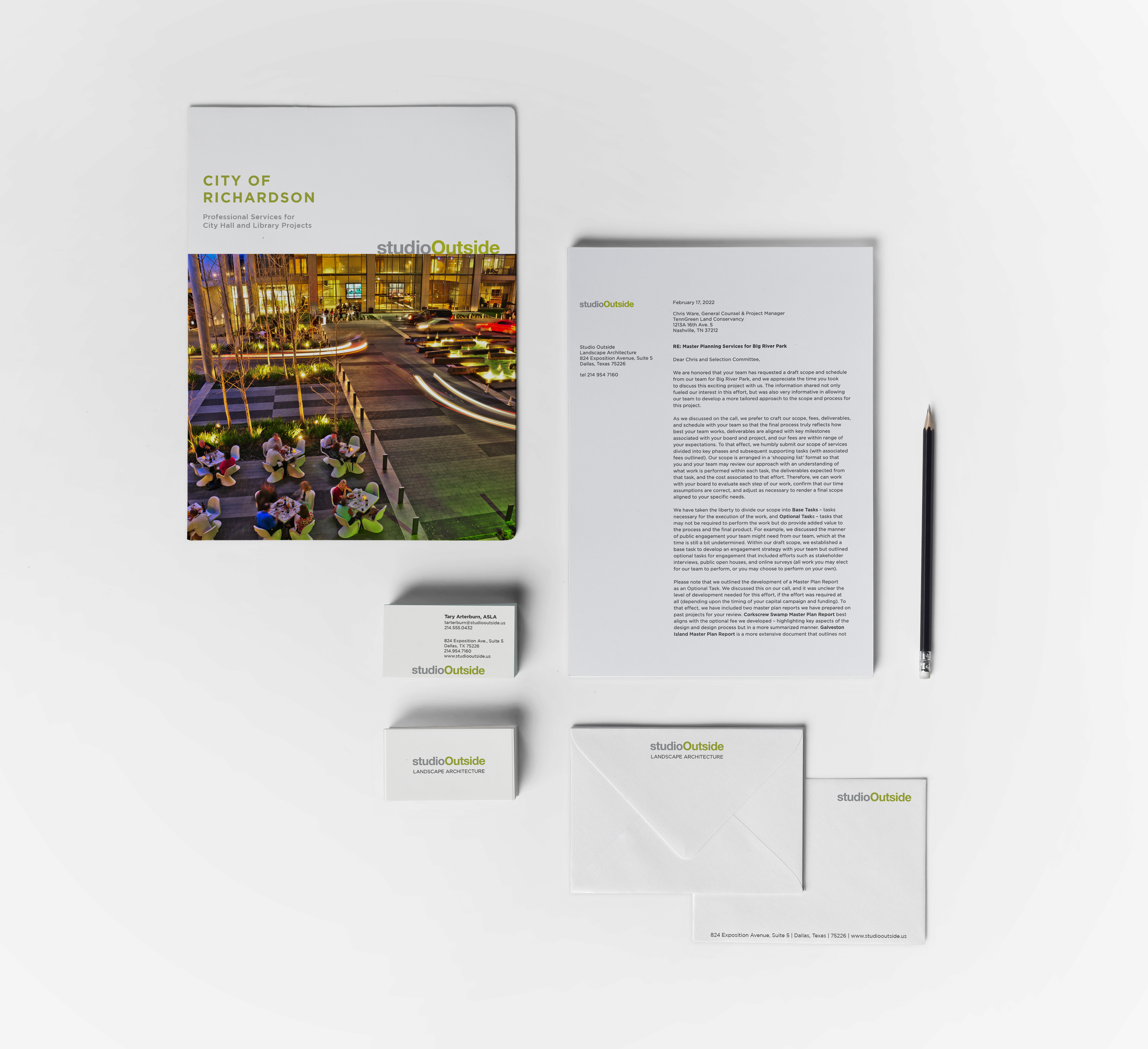 A collection of professional branding and marketing materials for 'studio Outside,' including a brochure with exterior building lighting, letterhead, business cards, envelopes, and a pen, all on a black background.