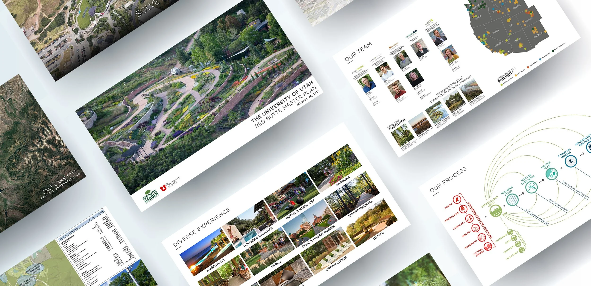 Collection of presentation slides featuring maps, images of urban parks, team bios, project processes, and diverse experience categories related to urban planning and landscaping.