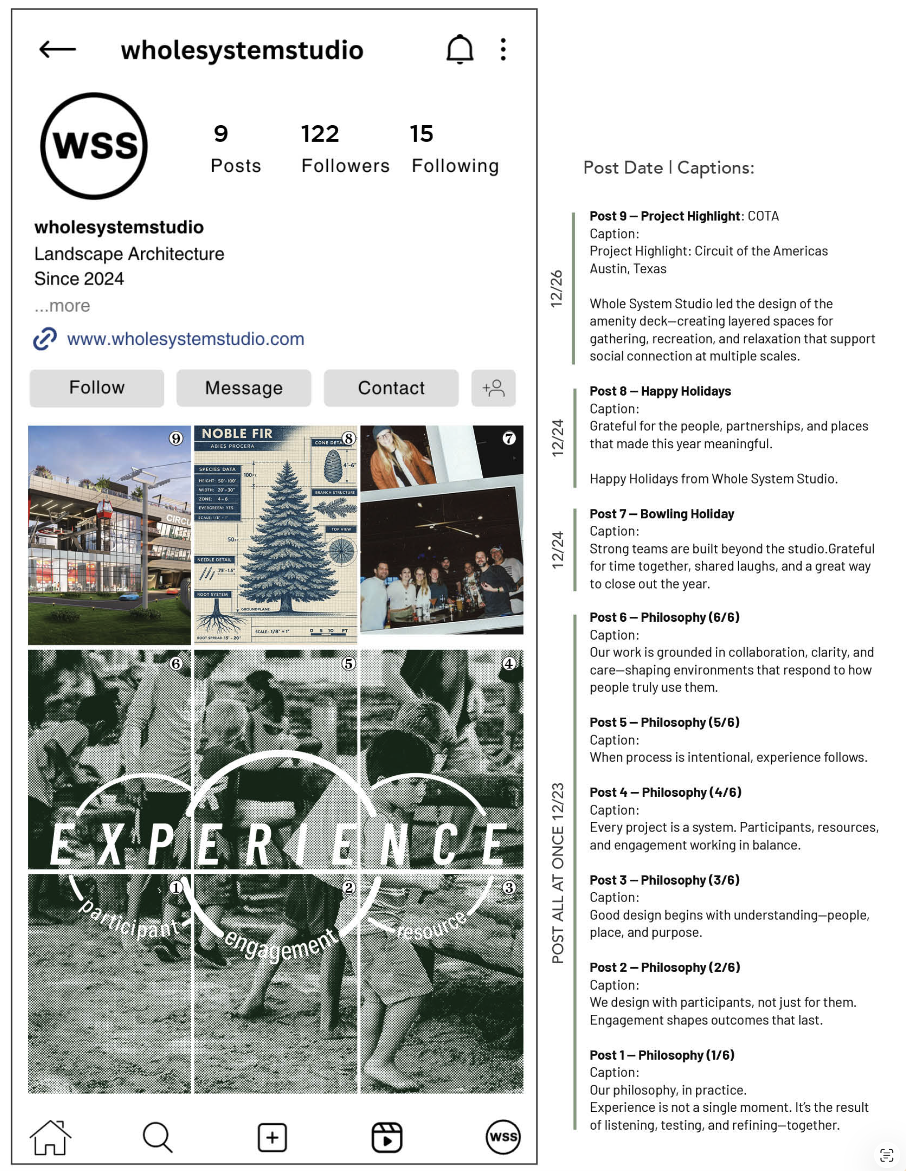 Instagram profile page of wholly system studio with posts about landscape architecture projects, holiday celebrations, and core philosophy, including grid images of people working outside, architectural diagrams, and group photos.