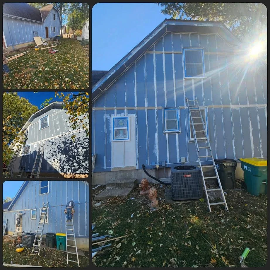 A collage of four photos showing a house under renovation. The house is painted in a blue color and is in the process of getting siding installed. A ladder is positioned against the house, and construction supplies are visible around the yard. The photos are taken during the daytime with clear skies and sunlight.