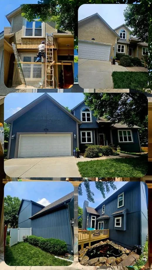 A collage showing the phases of house renovation, including construction work on the facade, painting, and landscaping, with a blue house featuring a garage, front yard, backyard, and modifications to the exterior design.