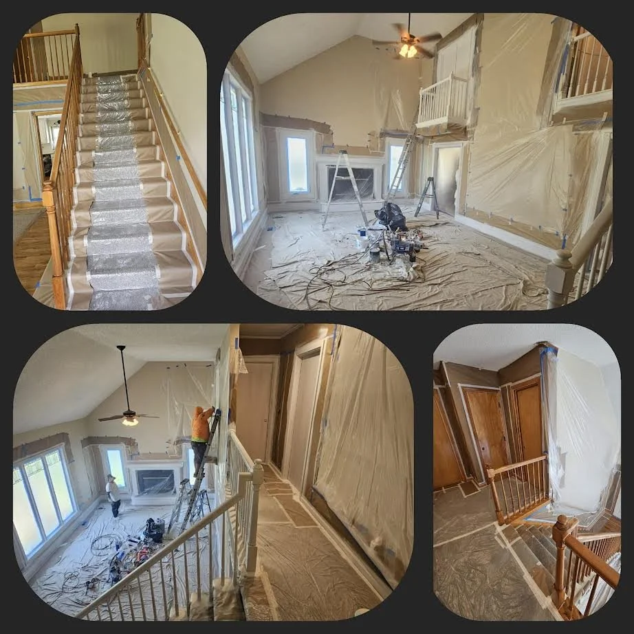 Interior home renovation showing staircase with protective paper, construction tools in a room with plastic-covered walls, and workers installing or sanding woodwork.
