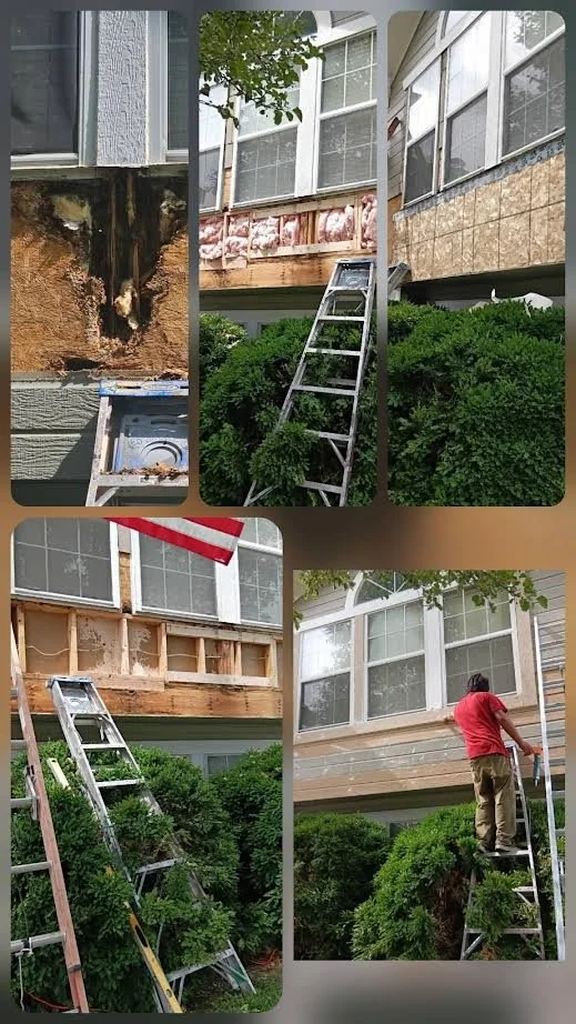 Sequence of images showing a home renovation process, including removing siding, installing insulation or sheathing, and a person working on the exterior of a house with ladders.