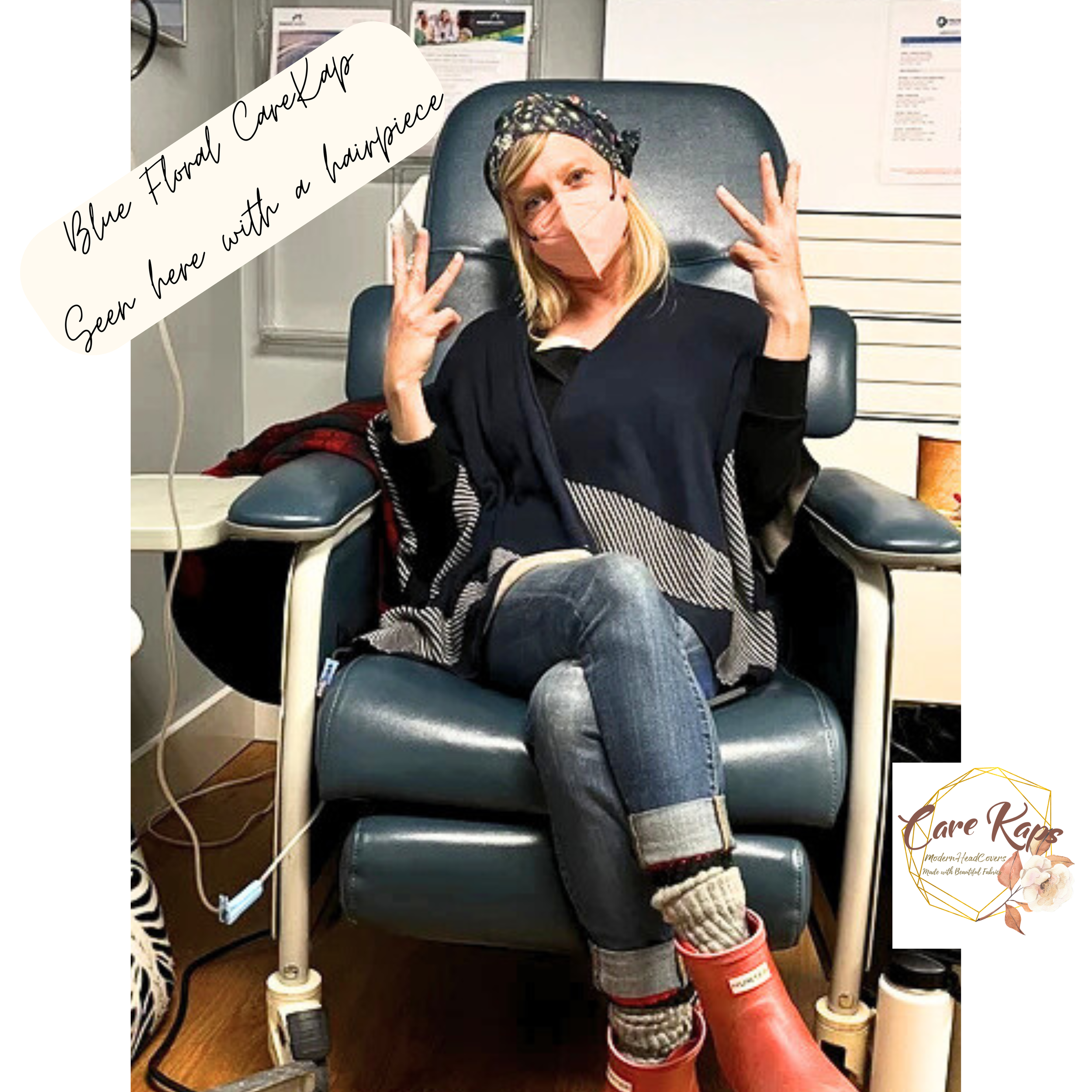 A woman sitting in a medical chair, wearing a headband, a face mask, and casual clothing. She is making a peace sign with her right hand and has her left hand raised with two fingers extended. There is a note overlayed on the top left corner that says, "Blue Florad Carek lap Seen here with a hairpiece." There is a logo in the bottom right corner that reads "Care Raps" with a floral design. The setting appears to be a medical or clinical environment.