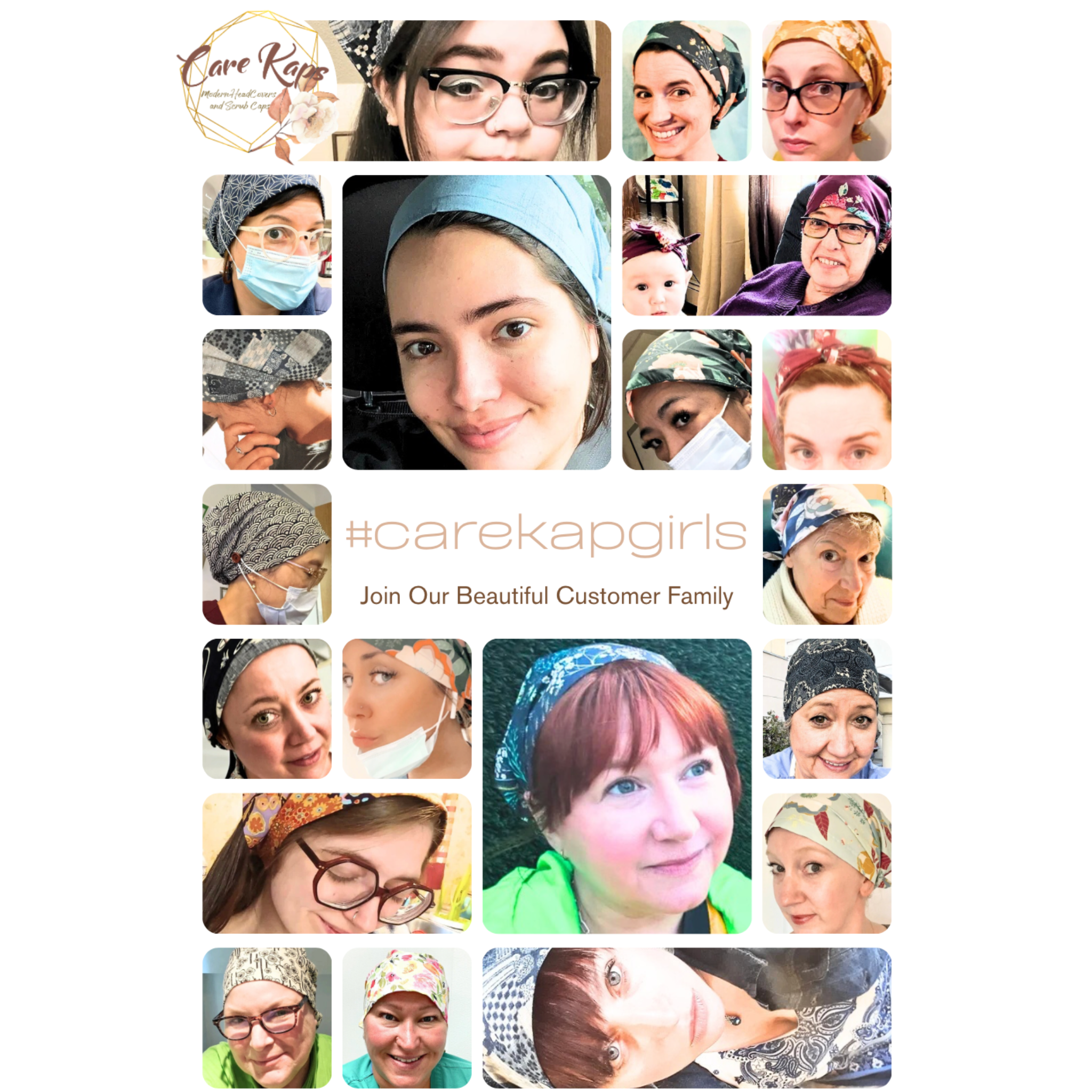 Collage of women wearing scrubs and bandanas, with the hashtag #carekapgirls and the text "Join Our Beautiful Customer Family".