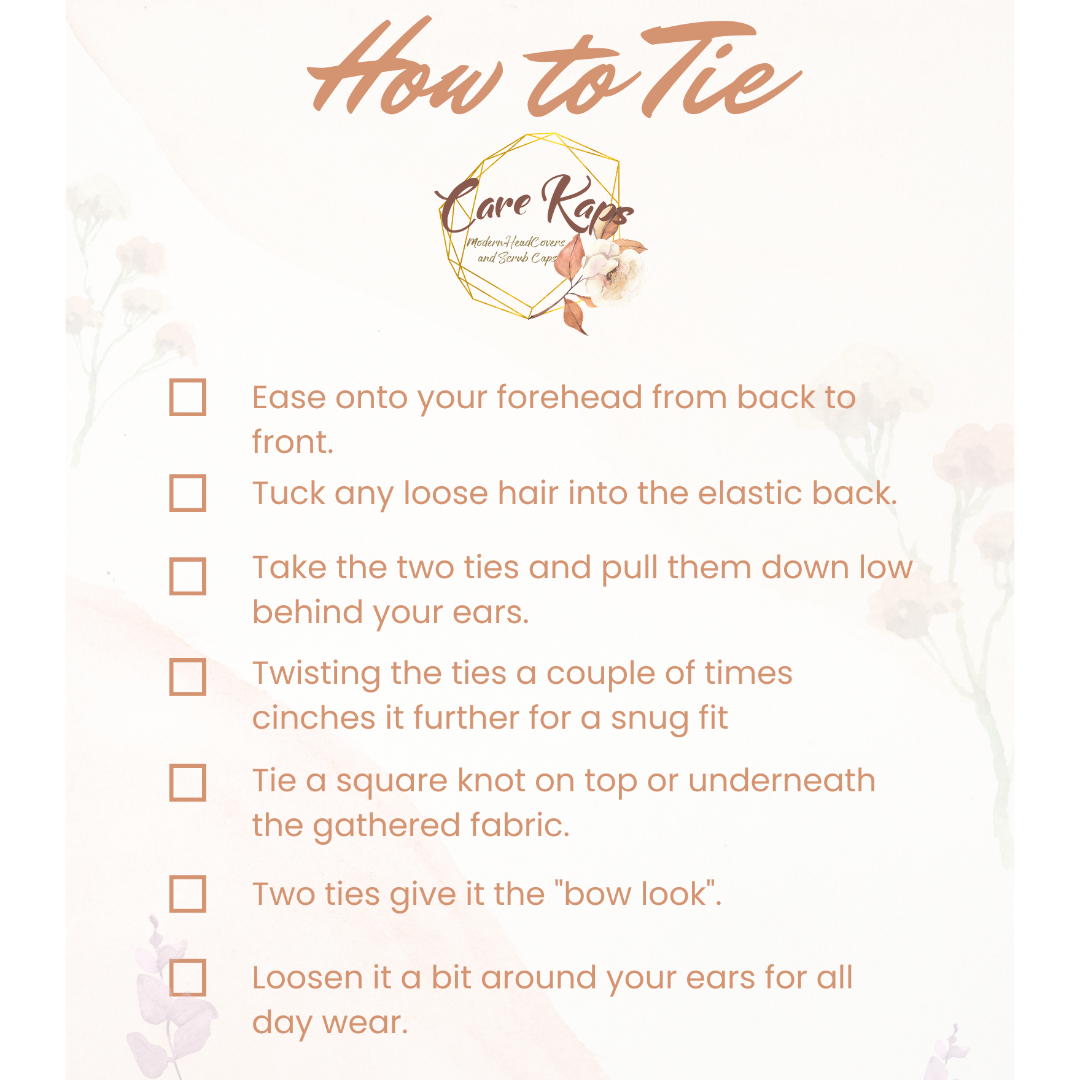 Step-by-step instructions for tying a headscarf, titled 'How to Tie Head Raps' with floral decorations and checklist boxes.