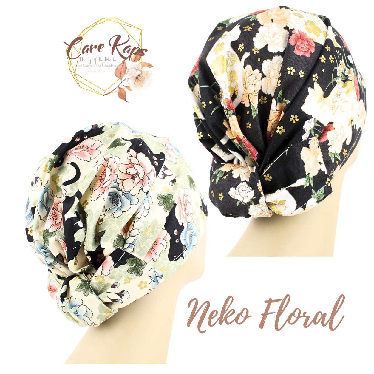 Japanese Neko Cat CareKaps Head Covering for Chemo | Pastel Floral Cancer Headwear