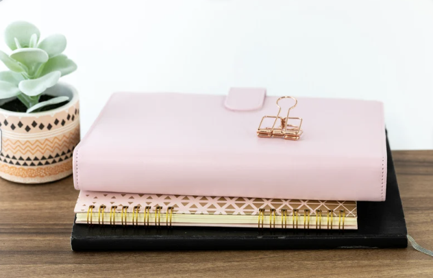 Stack of three notebooks on a wooden desk with a pink planner on top, a gold binder clip, a small pink bookmark, and a potted succulent plant nearby.