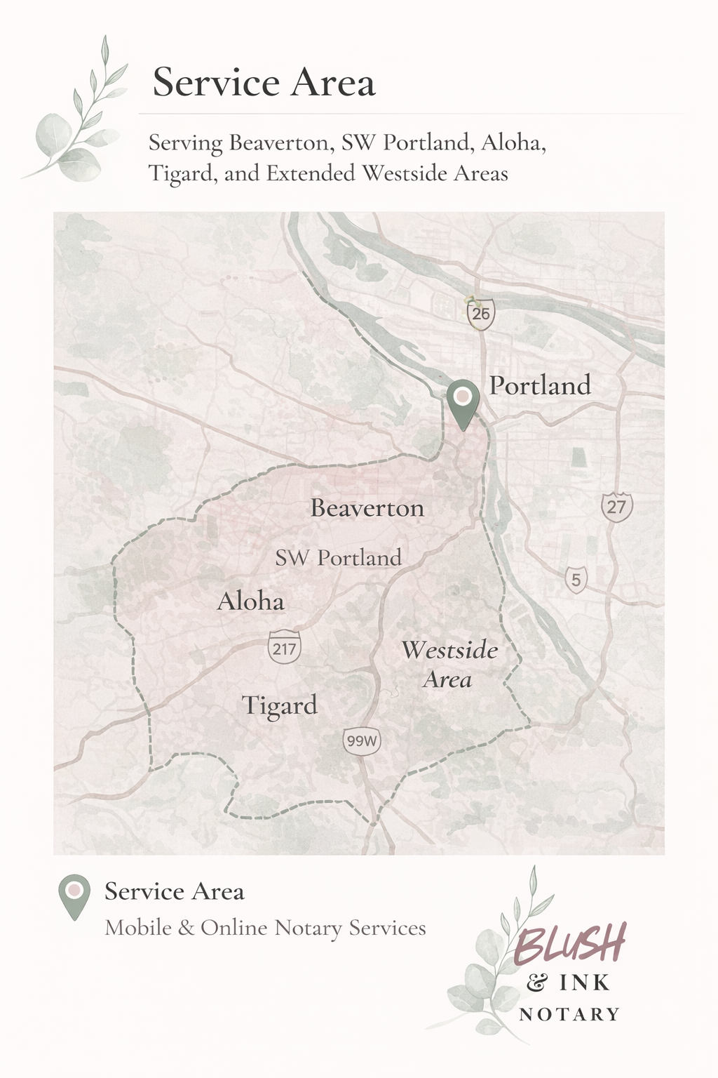 A map showing the service area for mobile and online notary services, including Beaverton, SW Portland, Aloha, Tigard, and Westside areas in Portland, Oregon, with a legend indicating the service area boundaries.