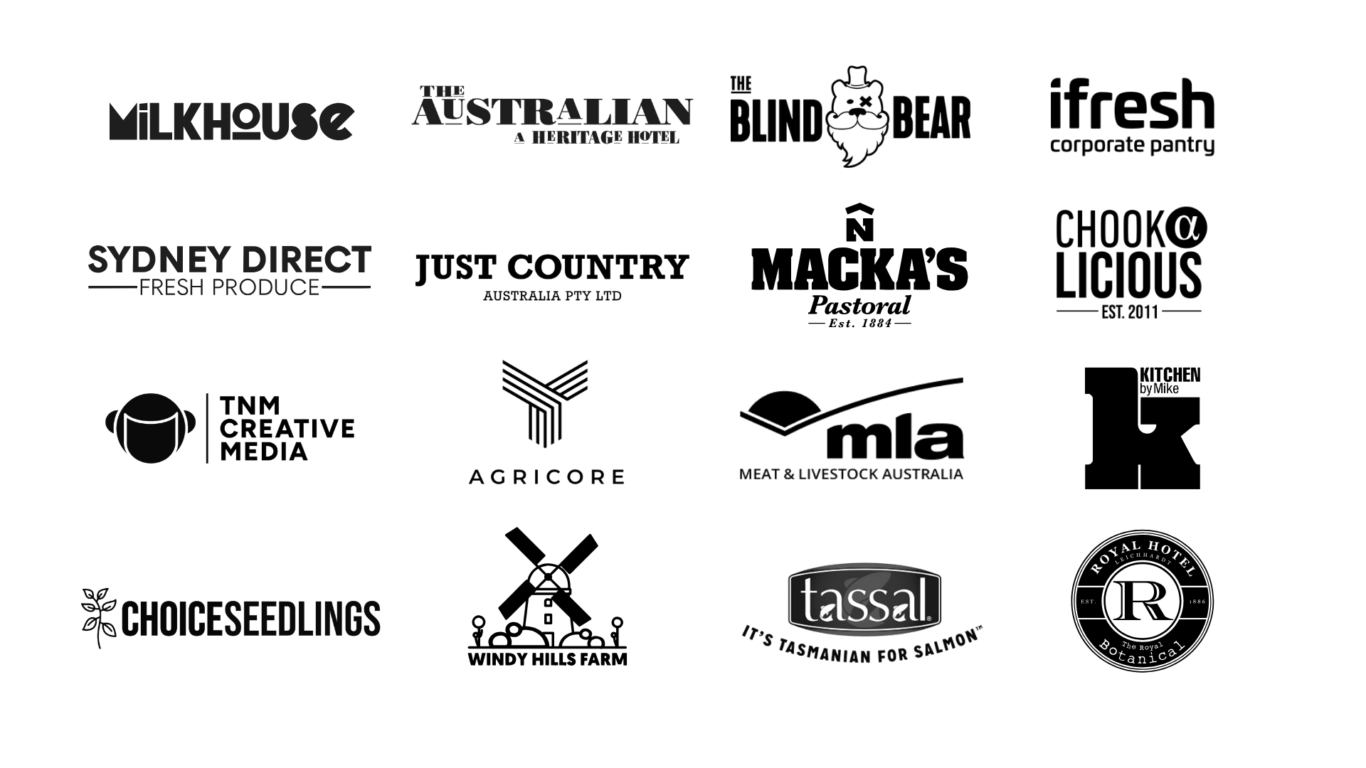 A collection of black-and-white logos for various brands and businesses, including Milkhouse, The Australian, Sydney Direct, Chooselings, Tassal, and others.