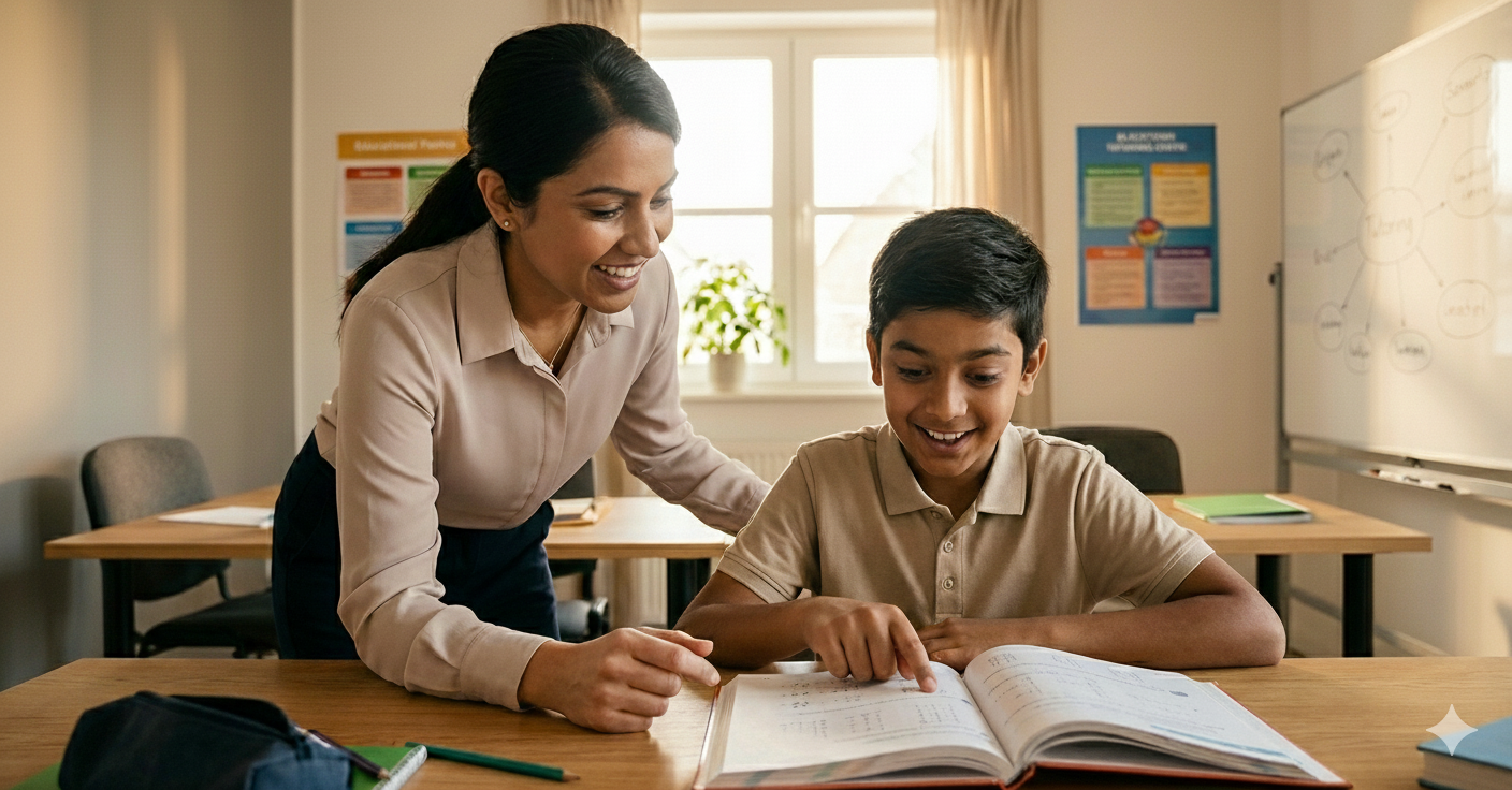 A teacher helps a young male student read a book in a classroom.