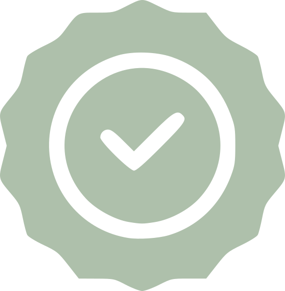 A green badge with a black checkmark inside a circle