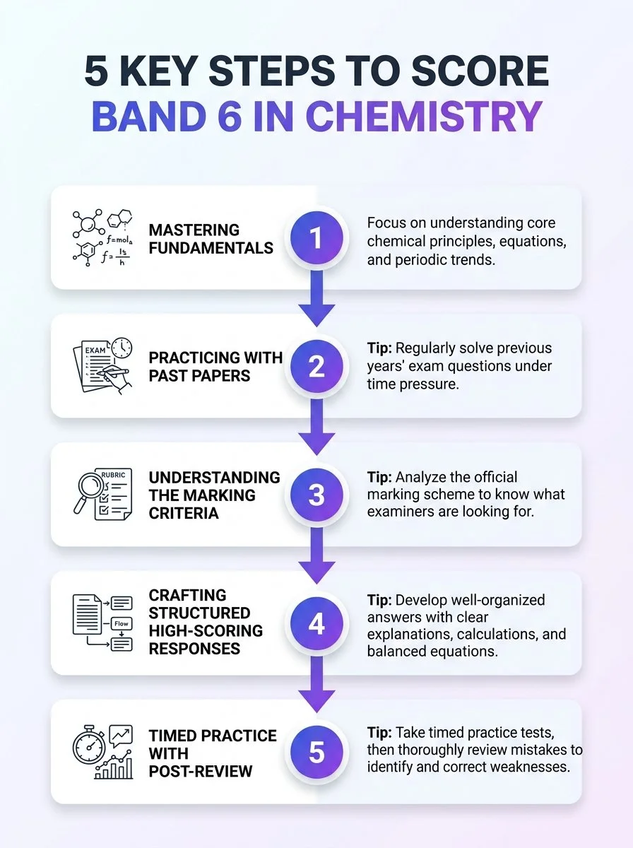 This infographic highlights five essential steps to score Band 6 in Chemistry. Use these strategies to focus your study and boost exam readiness.