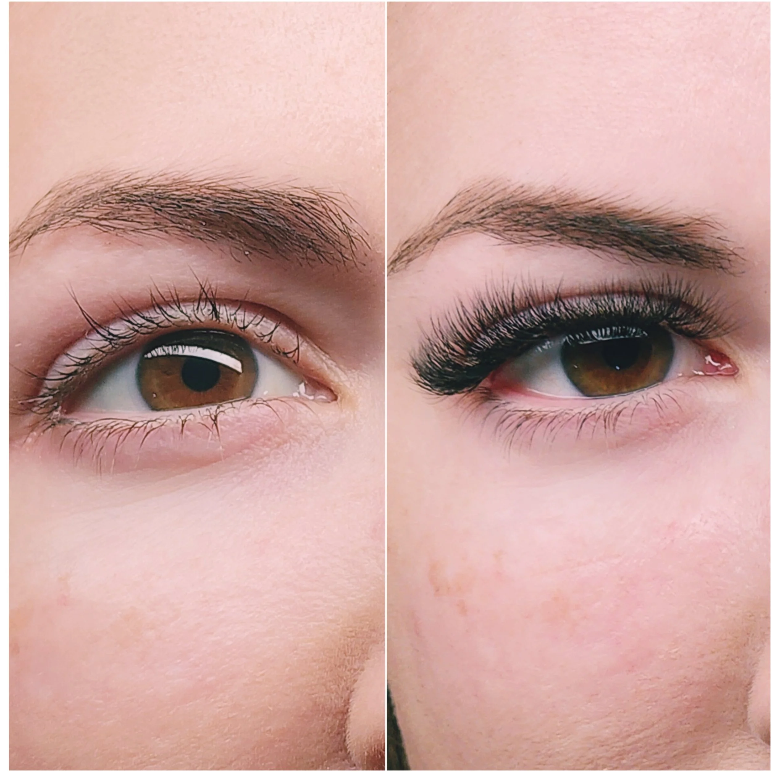 Close-up of a person's eye before and after applying makeup and eyelash extensions.