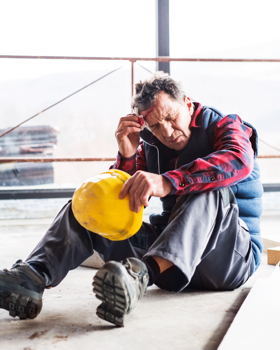 A construction worker sitting on the floor, holding a yellow safety helmet, appears to be injured with a head wound, in an indoor construction site.