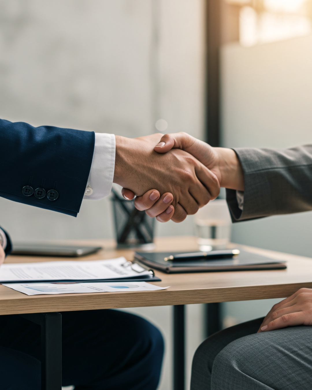 Two individuals in business suits shaking hands in an office setting over a desk with documents and a laptop.