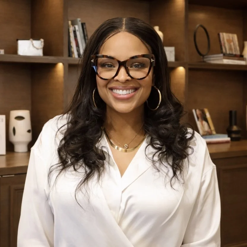 A woman with long dark curly hair, glasses, and hoop earrings smiling in front of a wooden bookshelf with decorative items and books.