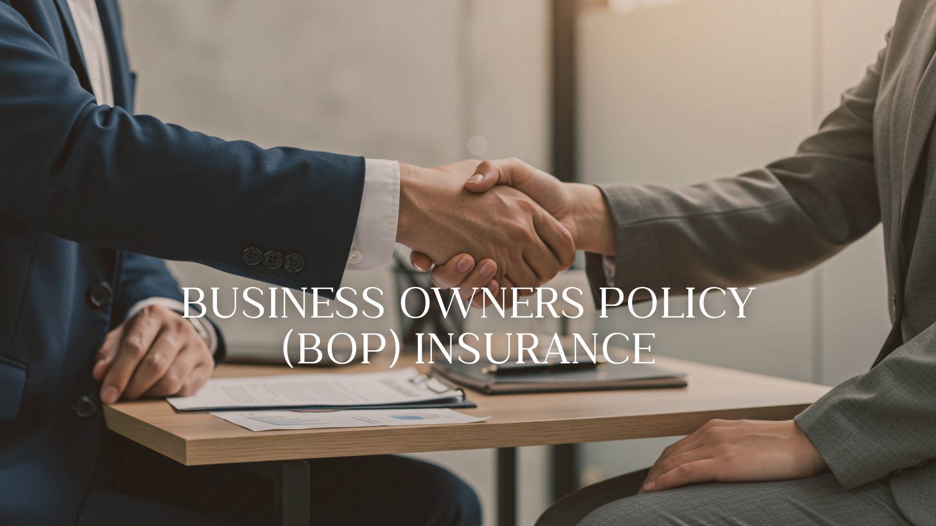 Two business professionals shaking hands during a meeting, with documents on the table in front of them, promoting Business Owners Policy (BOP) insurance.
