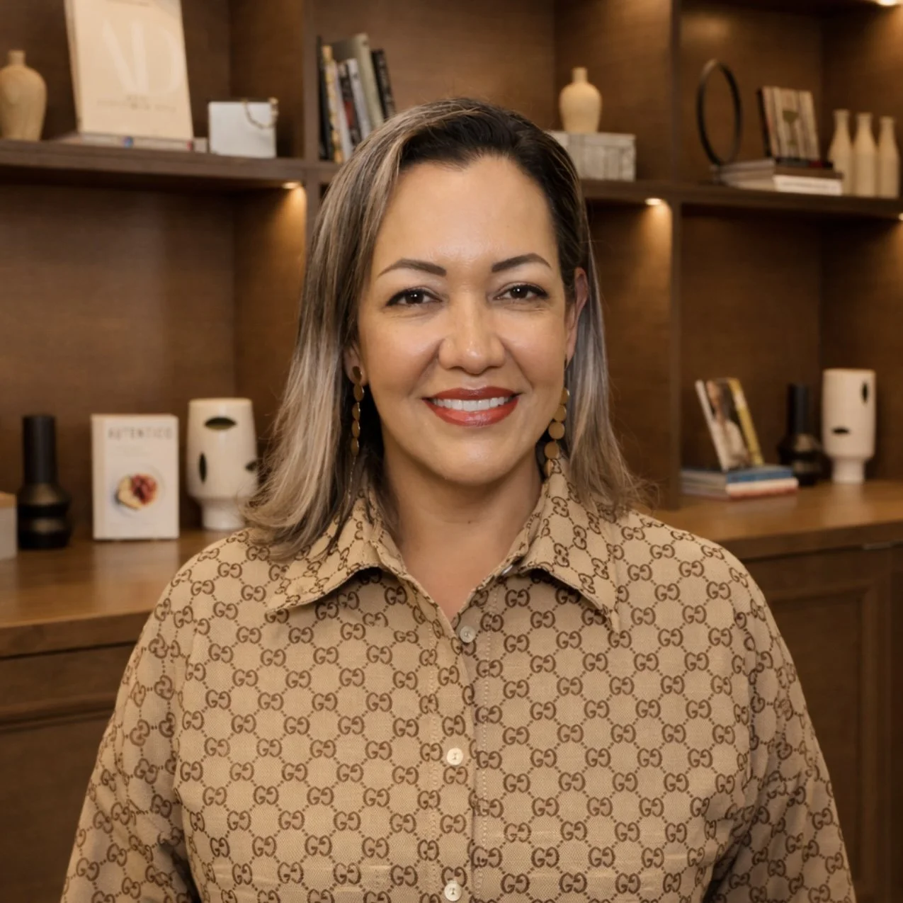 A woman with shoulder-length light brown hair, wearing a beige Gucci patterned button-up shirt and gold earrings, smiling in front of a wooden bookshelf filled with books and decorative items.